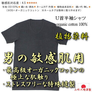 【送料無料】世界最高ランクのオーガニックコットン メンズ敏感肌対応 U首半袖シャツ 縫い代なし 草花染 ブラック 綿 綿100％ コットン 紳士 肌に優しい 肌着 カットソー インナー Tシャツ アトピー 縫い目 黒 LL 日本製 アルティメイトピマ スーピマ メール便