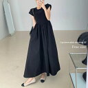 【全品5%OFFクーポン発行中】ワンピース ワンピ キャップスリーブ 無地 半袖 切り替え フレアスカート ロング丈 韓国ファッション 春 夏 夏服 夏ワンピース オフィスカジュアル ドレス レディース パーティー シンプル