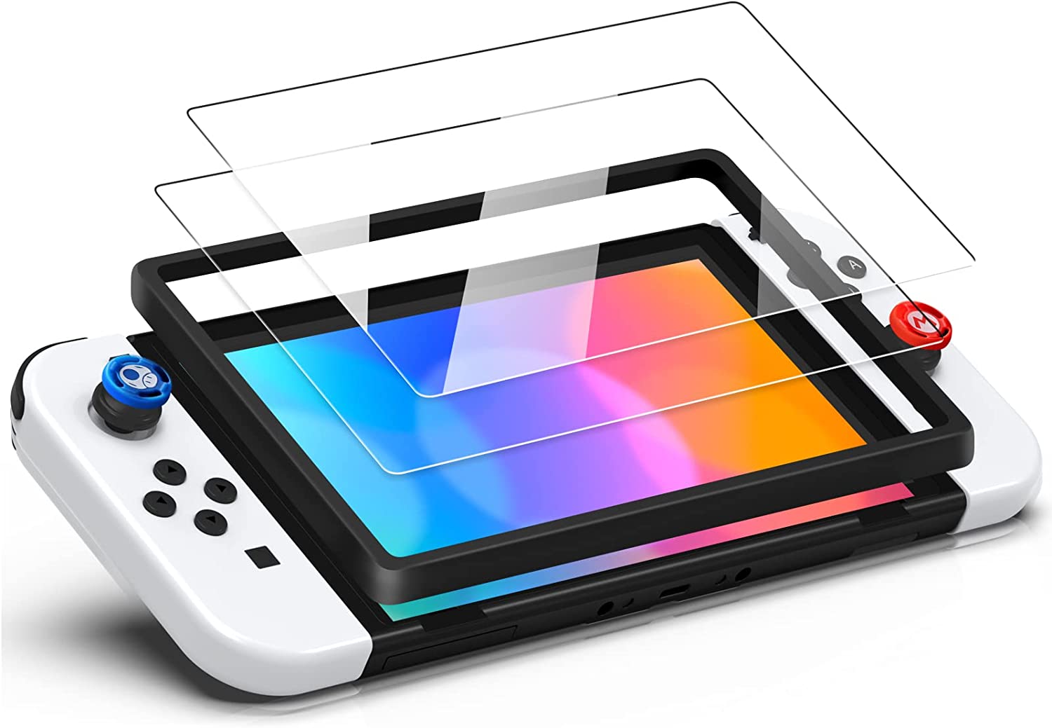 Switch 有機EL モデル 対応 有機el ガラスフィルム ガイド枠 可愛い Joy-Conカバー 2個付き 9H硬度 高透過率 スイッチ 有機 EL 強化フィルム 2.5D加工 撥水撥油 気泡防止 飛散防止 耐衝撃 自己吸着 ガラスフィルム2枚 ガイド枠 Joy-Conカバー2個