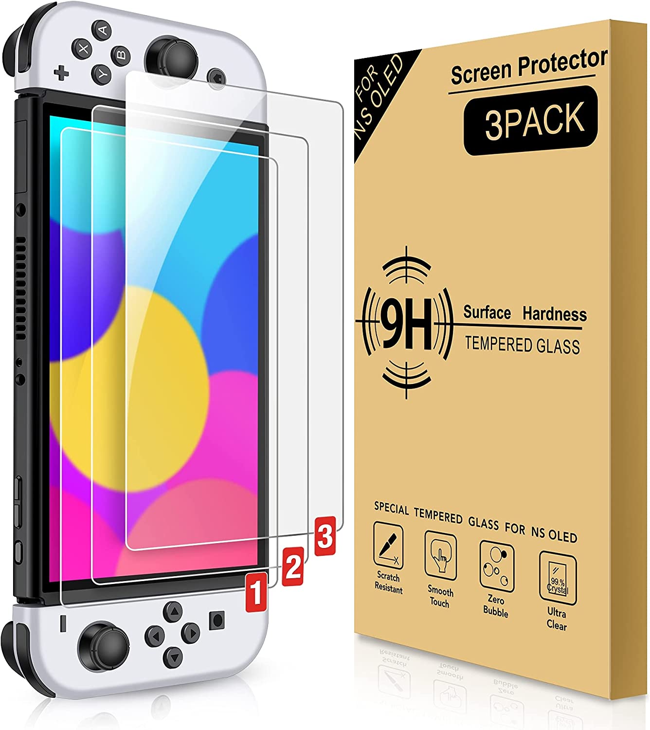 有機elモデル 専用 保護フィルム 新3枚入りSwitch 有機el ガラスフィルム 任天堂 スイッチ フィルム Nintendo Switch Oled Model 強靭9H 3Dラウンドエッジ加工 指紋防止 撥水撥油 気泡防止 飛散防止 ピタ貼り 貼付道具付 自動吸着 Switch フィルム For Nintendo Switch