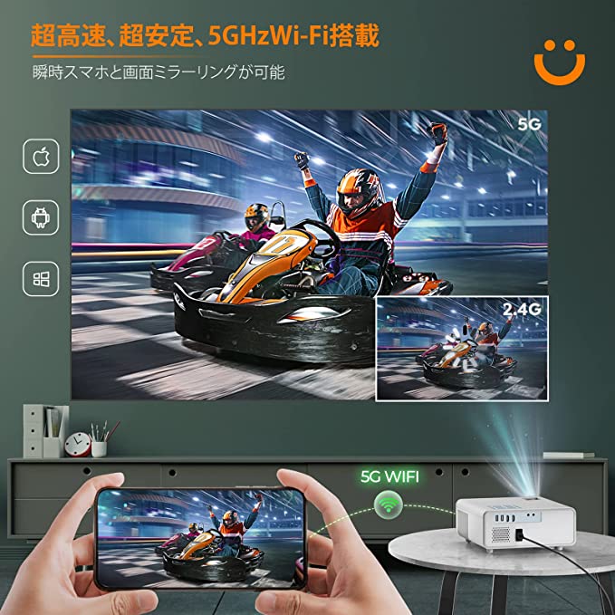 プロジェクター 小型 5GWi-Fi 15000LM 4K対応 1080P フルHD Bluetooth5.1搭載 HIFI 家庭用プロジェクター ホームプロジェクター パソコン タブレット iPhone TV Stick PS3 PS4ゲーム機 DVDプレイヤー接続可 クリスマスプレゼント 引っ越し祝い 新築祝い 出産祝い
