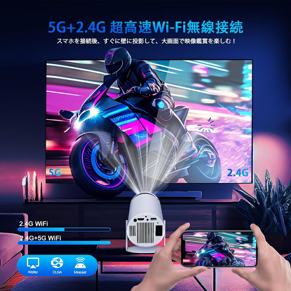 プロジェクター 小型 Android 搭載 ホームプロジェクター 5G Wifi対応 BT5.0 200ANSI 1080PフルHD 短距離投影 ポータブルプロジェクター 家庭用プロジェクター 自動台形補正 一人暮らし ホームシアター スピーカー ズーム機能 リモコン HDMI クリスマスプレゼント 新築祝い