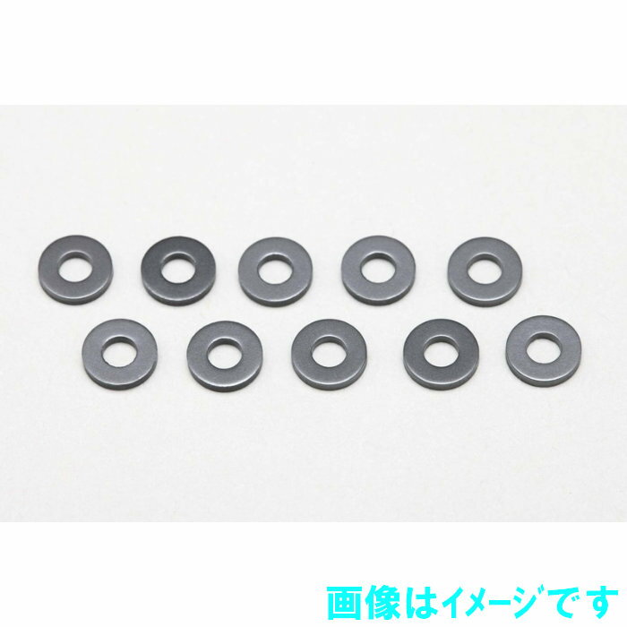 内径2.6mm、厚さ1mmのポリワッシャーです。オフロードカーのサスピン外側のホイールベース調整用などに使われています。10個入り。
