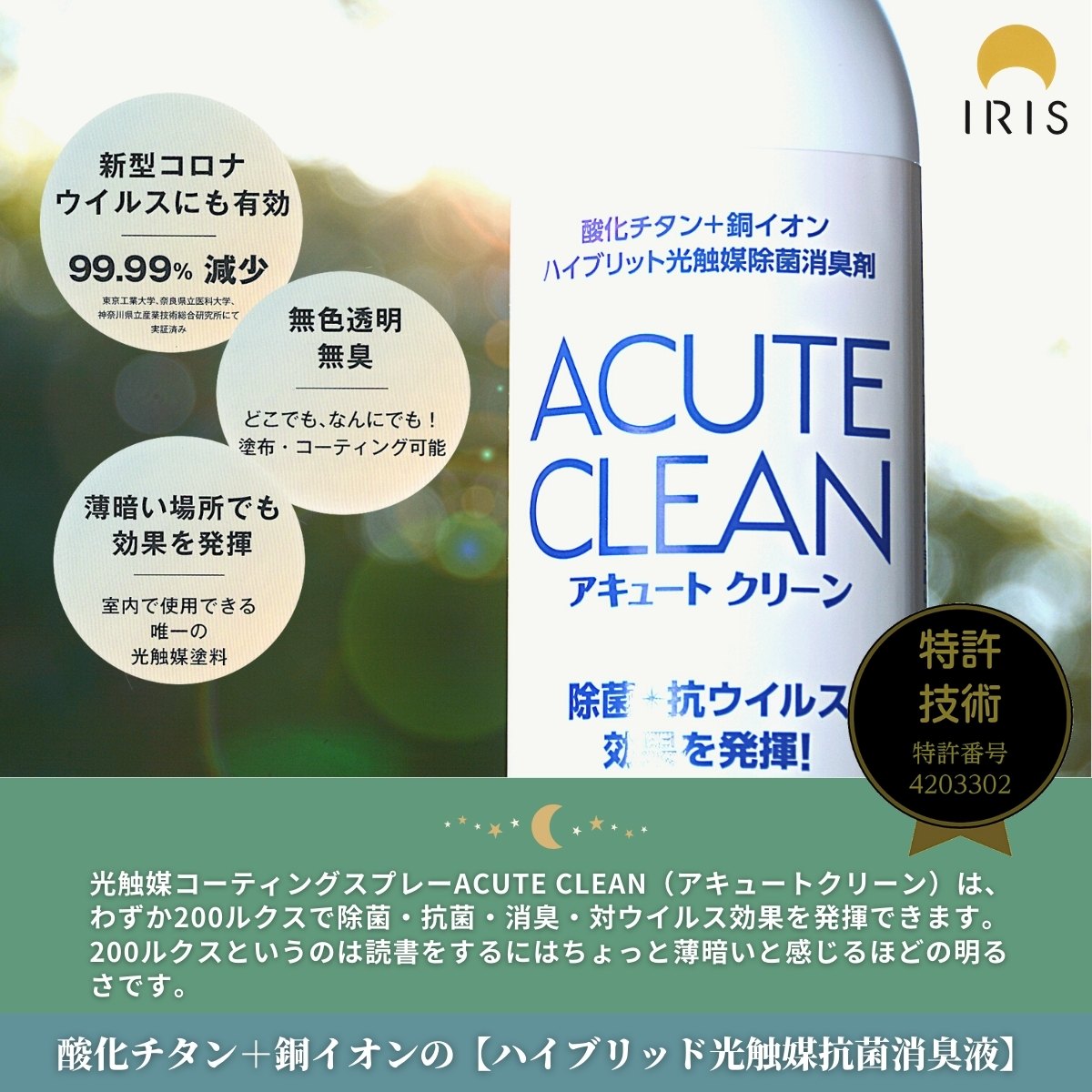 アキュートクリーン サガン鳥栖応援モデル 消臭剤 消臭ミスト 消臭液 消臭 除菌 除菌スプレー 抗菌 抗ウイルス コーティング コーティング剤 光触媒コーティング剤 光触媒スプレー 特許 室内 テーブル 手すり 衣服 服 衣類 マスク 無色透明 無臭 酸化チタン 銅イオン