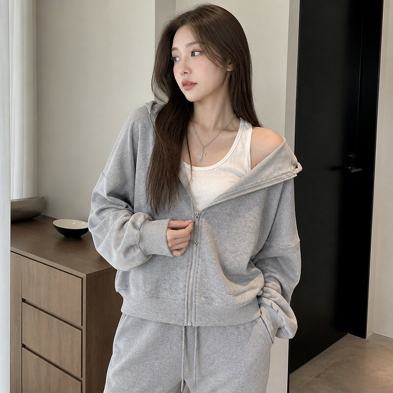 レディース ジップパーカー フード付き S/M/L ブラック ダークグレー ライトグレー 前開き ジップアップ 羽織り アウター パンツコーデ 毎日のカジュアル 大人カジュアル お出かけ iris0926-10044643 イーリス サンプル画像3