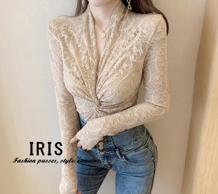 送料無料秋　4色　ブラウス　シャツ　Vネック　総レース　レディース　トップス　春秋　長袖　カジュアル　通勤　通学　着まわし　デート　旅行のサムネイル