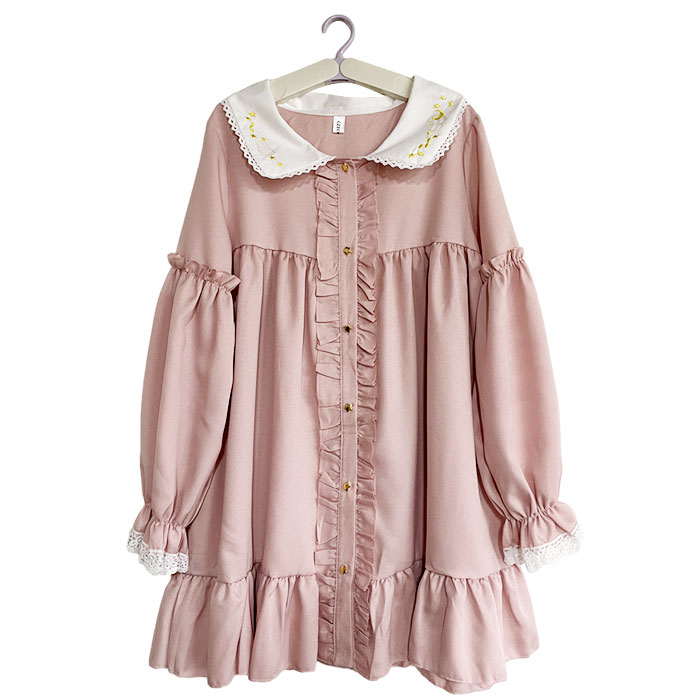 春秋ワンピース ロリータ ワンピース レディース 可愛い 姫様 ロリータ風ワンピ ゴスロリ 日系女子中高生 クラシカル ゴシック ミニ丈 長袖 ピンク 裏地無し フリーサイズ ゆったり