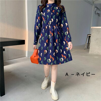 ワンピース コーデュロイ 鳥柄 ネイビー 春服 紺 レトロ シャツワンピース 膝丈 ワンピースレディース プリント 体型カバー マタニティ ミディアム ワンピース Aライン 森ガール お出かけ 長袖 春秋 きれいめ 大きいサイズ - Image 3