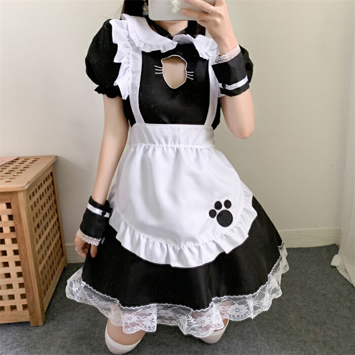 【P10】 メイド服 ロリィタ ロリータ ワンピース コスチューム 飾り付き ねこ エプロン 髪飾り 腕飾り 首輪 中空 文化祭 学園祭 メイドカフェ Lolita コスプレ衣装 アニメ 可愛い ブラック オーバーサイズ 大きいサイズ S/M/L/XL/2XL/3XL/4XL/5XL