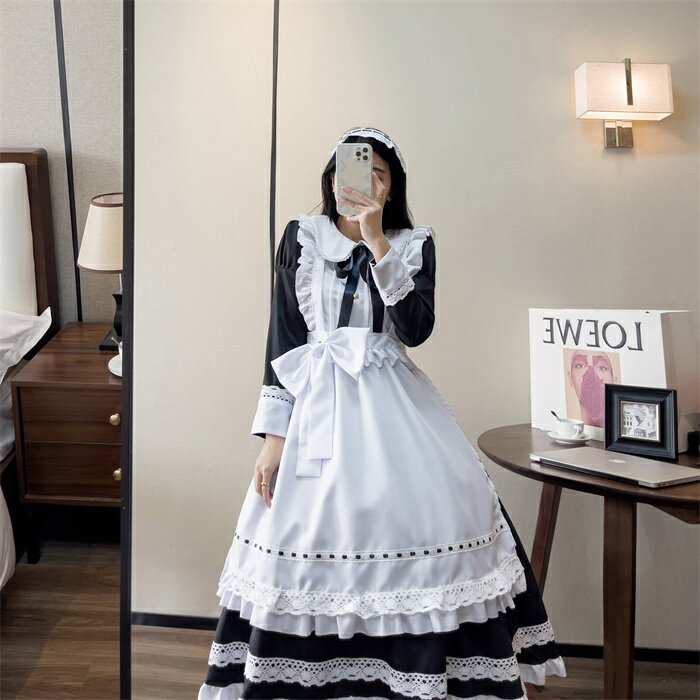 メイド服 ロリータ ワンピース コスチューム 飾り付き エプロン 髪飾り リボン 文化祭 学園祭 メイドカフェ Lolita 長袖 半袖 ロング コスプレ衣装 アニメ 可愛い ブラック オーバーサイズ 大きいサイズ S/M/L/XL/2XL/3XL/4XL/5XL ロリィタ