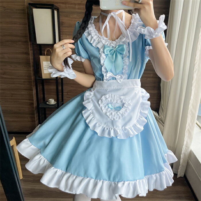 【P10】 メイド服 ロリータ ワンピース コスチューム 飾り付き エプロン 髪飾り 腕飾り 文化祭 学園祭 メイドカフェ Lolita コスプレ衣装 アニメ 可愛い ブルー オーバーサイズ 大きいサイズ S/M/L/XL/2XL/3XL/4XL/5XL ロリィタ