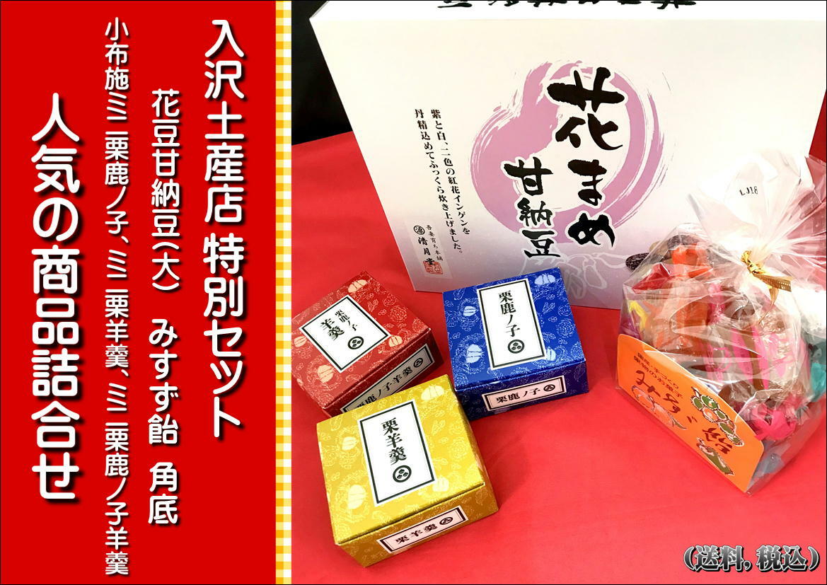 お中元　お土産　和菓子　栗　きんとん　ゼリー　ようかん　甘納豆　花豆【送料込み】入沢土産店特別セット、信州小布施ミニ栗羊羹、ミニ栗鹿ノ子、ミニ栗鹿ノ子羊羹、信州名産みすず飴角袋巾着、吾妻特産花豆甘納豆（大）が入ったセット単品買いより10％以上お得！