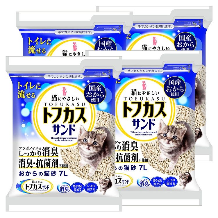 猫砂 おから 燃やせる トフカスサンド（ケース販売） 7L×4袋 フラボノイド効果 しっかり消臭 消臭・抗菌材不使用 トイレに流せる TOFUKASU しっかり固まる ペレット型 ペグテック 