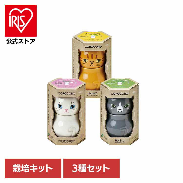 【3種セット】コロコロ キャット（茶・グレー・白） 栽培キット 栽培セット ミント バジル ワイルドストロベリー 聖新陶芸 COROCORO インテリア 陶器 SEISHIN