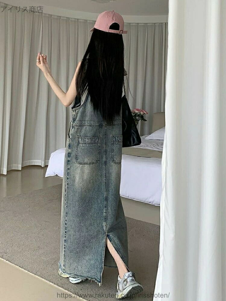 【送料無料】サロペット デニム ジャンパースカート デニムワンピース ロング マキシワンピース 春 秋 ロング丈 ジャンスカー 大きいサイズ デニムワンピ ポケット付き ワンピ オールインワン 体型カバー ゆったり Aライン フリンジ付き スリット