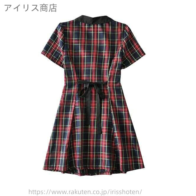 【送料無料】レッド タータンチェック 襟付き リボン 前開き ボタン フレア Aライン 夏 ショート丈 ミニ 半袖 ブラウス シャツ レディース