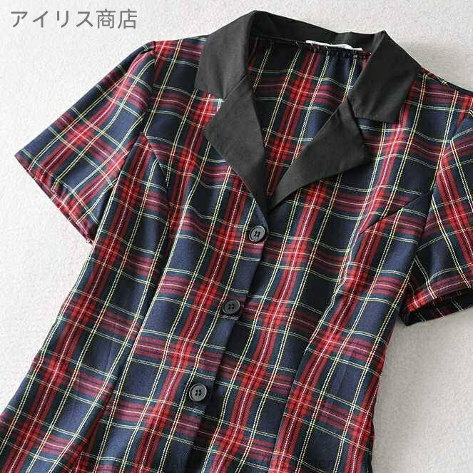 【送料無料】レッド タータンチェック 襟付き リボン 前開き ボタン フレア Aライン 夏 ショート丈 ミニ 半袖 ブラウス シャツ レディース