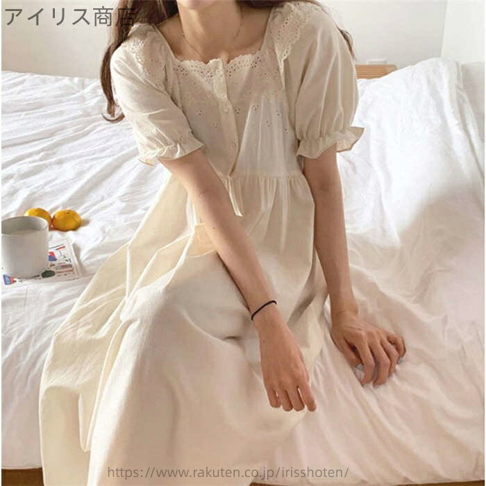 【送料無料】ロング丈ネグリジェ お姫 大人可愛いパジャマ 白レース 半袖ワンピース レディース 春夏 ネグリジェ