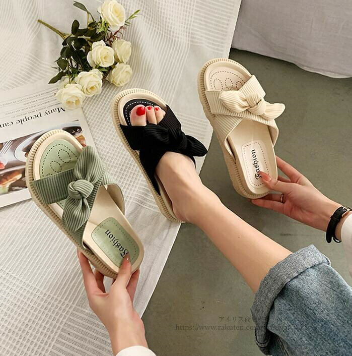 【送料無料】リボン付きサンダル ミュール　レディース 厚底 シンプル 柔らかい 履きやすい 通気性 シューズ スポーツサンダル 大人 上品