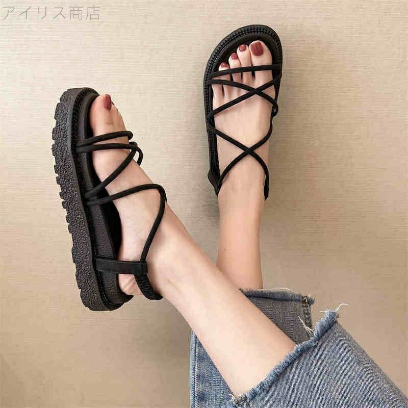 【送料無料】クロス ストラップ レディース サンダル シューズ くつ サンダル ヒール 厚底 ラウンドトゥ 3cm アンクルストラップ 歩きやすい
