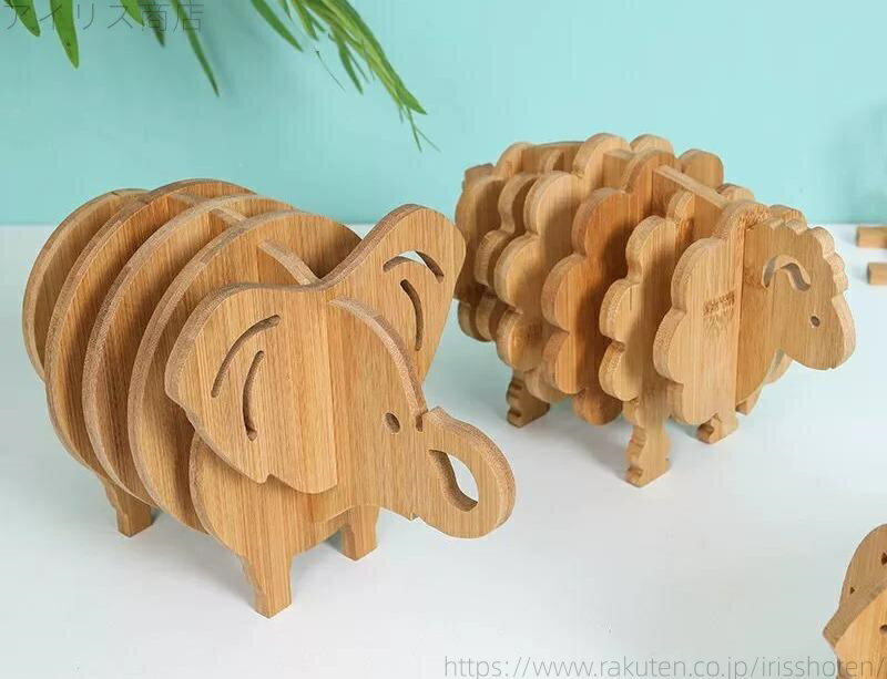 【送料無料】コースター おしゃれ 竹 断熱 火傷 防止 アニマル 動物 ティー カップ マット 防水 耐油 家庭用 普段使い 来客 お茶会 カフェ 豚 象 魚 組み立て