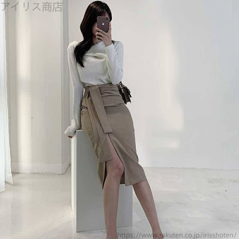 【送料無料】ミモレ丈 レディース 春 秋 無地 ブラック カーキ グレー 3色展開 Iライン ストレート スリム タイト スリット ウエストリボン
