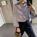 【送料無料】着痩せ ゆったり 大きいサイズ おしゃれ きれいめ ストライプ Vネック シャツ トップス 40代 春服 オフィス 長袖 レディース