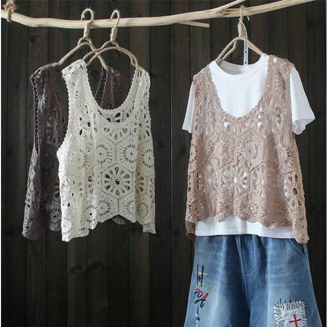【送料無料】春 夏 透かし彫りレース タンクトップ トップス Aライン vネック 透かし編み 薄手透け感 重ね着 ベストノースリーブ タンク 春コーデ