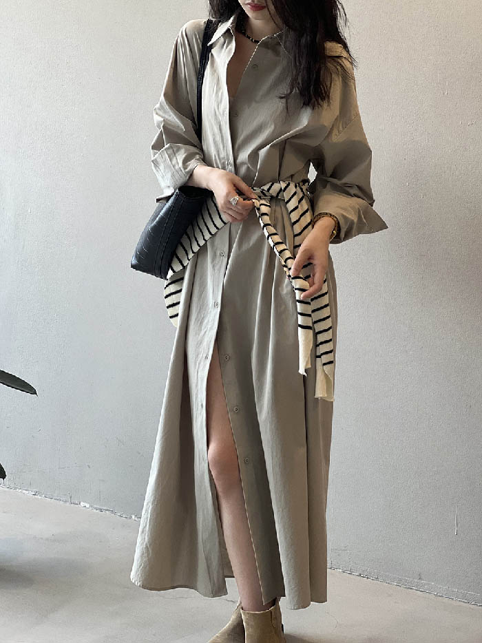 【送料無料】長袖 春 秋 ワンピース レディース 綿 コットン サイドスリット 無地 大きいサイズ シャツ ロング丈 チュニック 羽織り ロング丈 ゆったり