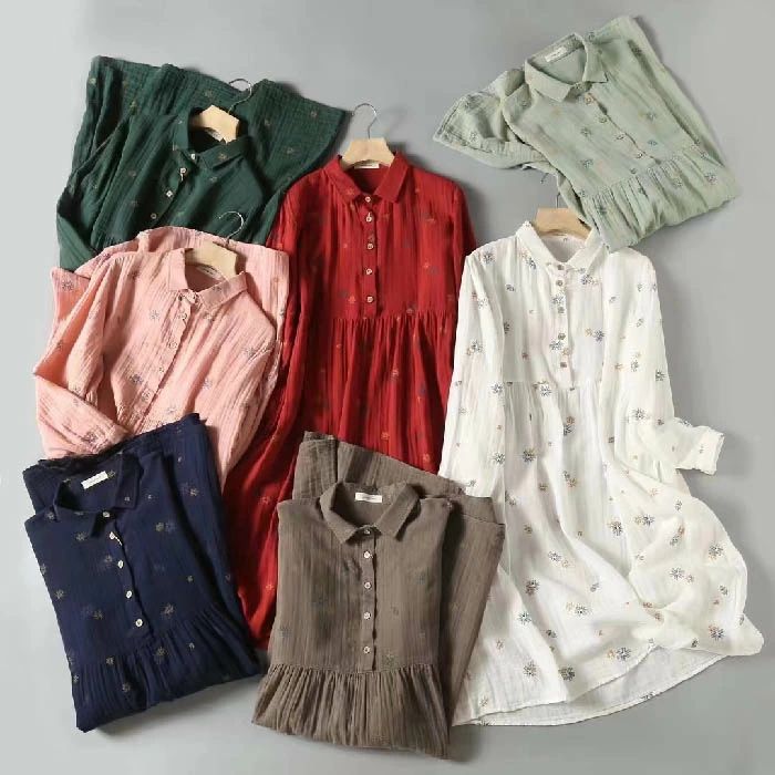 【送料無料】長袖 秋 春 綿 ガーゼ バンドカラー レディース シャツ ワンピース ダブルガーゼ 花柄 長袖 大きいサイズ チュニック ゆったり シャツ