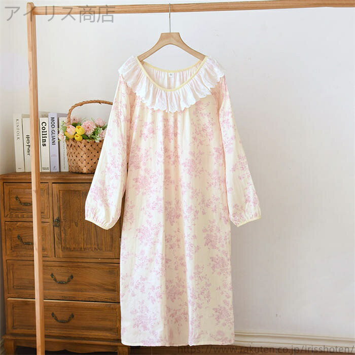 【送料無料】ギャザー 綿 秋 春 レディース パジャマ 花柄 ダブルガーゼ 部屋着 きれいめ 2重ガーゼ ガーゼ 綿100% ルームウェア ワンピース