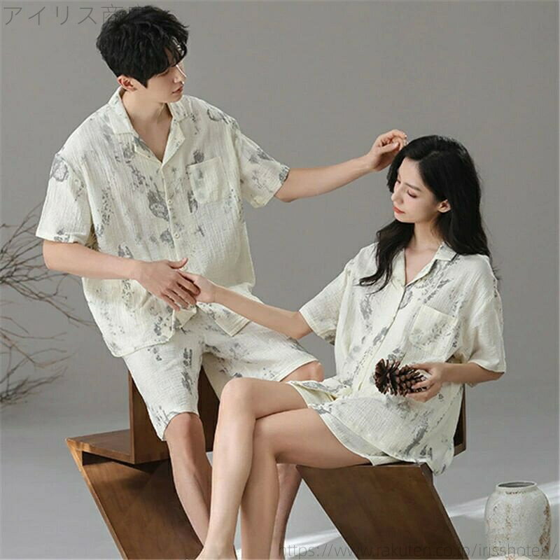 【送料無料】パジャマ 半袖 夏 綿100% 男女2着 セット セットアップ カップル 高級 ルームウェア 春夏 ..