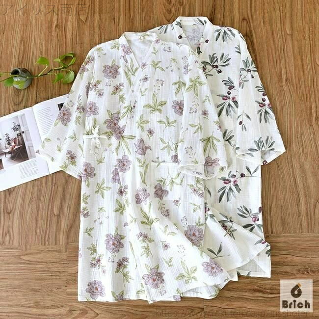 【送料無料】レディース メンズ 綿 パジャマ ルームウェア 浴衣 ガウン 花柄 葉柄 寝巻き お風呂上がり バスローブ 男女兼用 ガーゼ ホワイト