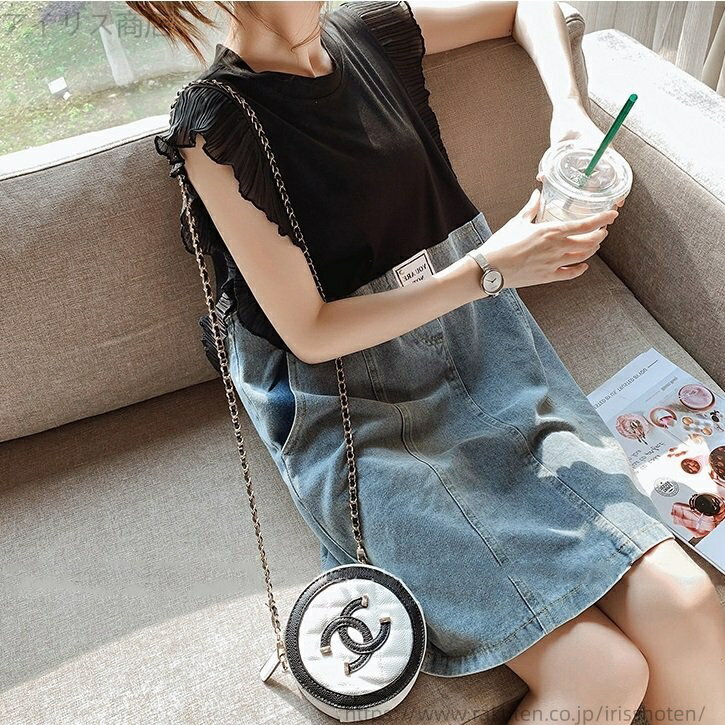 【送料無料】ワンピース デニム切替 ノースリーブ フリル ポケット ミニ丈 レディース 可愛い ママコーデ ママファッション ママ服 マタニティウェア 人気 ゆったり 大きいサイズ デイリー 普段着 お出かけ おしゃれ シンプル 無地 きれいめ カジュアル