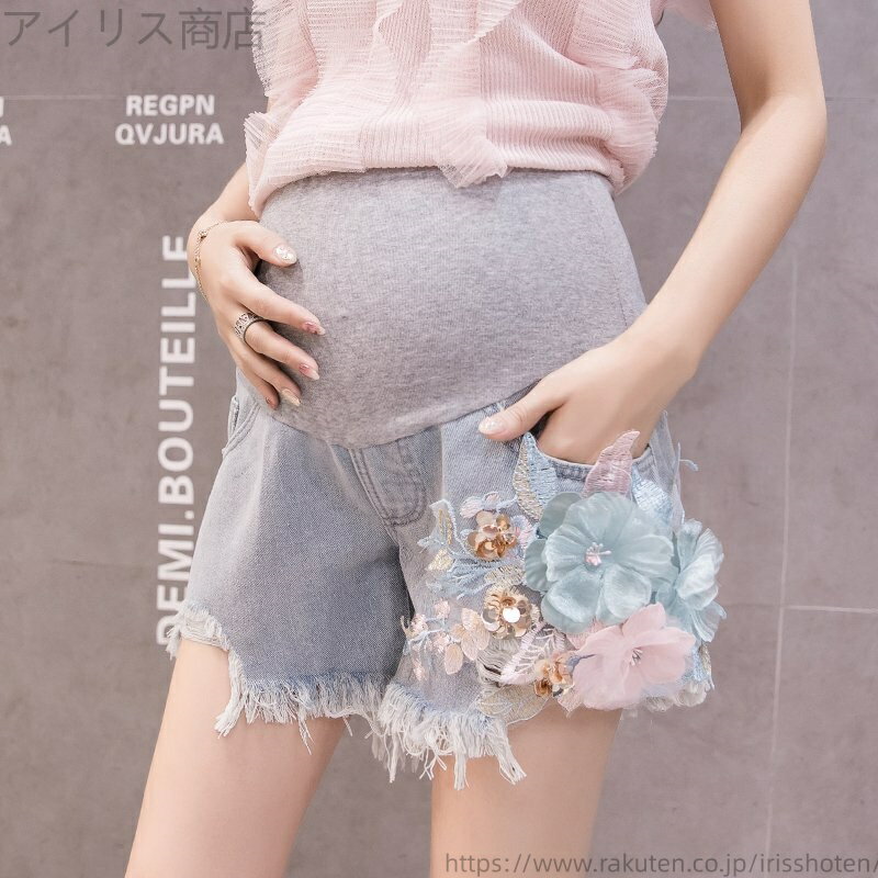 【送料無料】パンツ デニム ショートパンツ 花飾り カットオフ ダメージ ビジュー 切りっぱなし レディ..