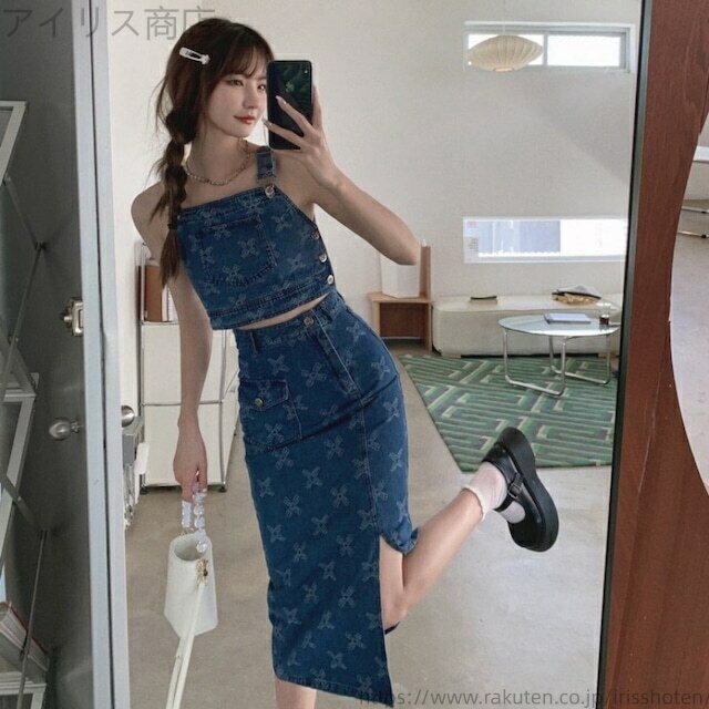 【送料無料】セットアップ デニム ビスチェ＋スカート デニムセットアップ ツーピース 上下セット デニ..