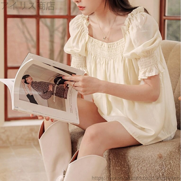 【送料無料】トップス スクエアネック シャーリング パフスリーブ 半袖 レディース 可愛い ママコーデ ママファッション ママ服 マタニティウェア 人気 ゆったり 大きいサイズ デイリー 普段着 お出かけ おしゃれ シンプル 無地 きれいめ カジュアル