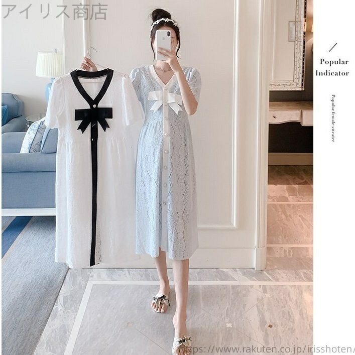 【送料無料】ワンピース Vネック レース パンチングレース 半袖 リボン パール レディース 可愛い ママ..