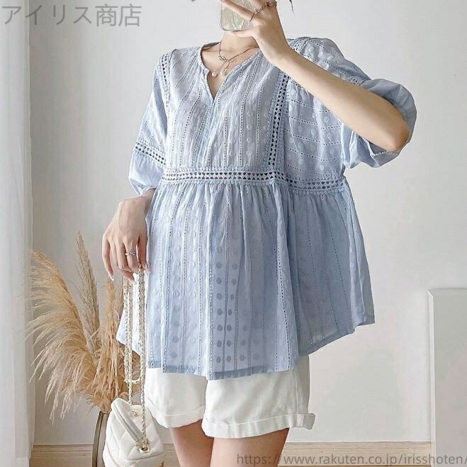 【送料無料】ブラウス Vカット ドット 水玉 パフスリーブ フレア ボリュームスリーブ レディース 可愛い ママコーデ ママファッション ママ服 マタニティウェア 人気 ゆったり 大きいサイズ デイリー 普段着 お出かけ おしゃれ シンプル 無地 きれいめ