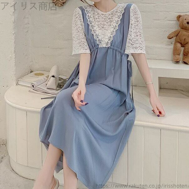 【送料無料】ワンピース レースステッチ ウエストリボン ロング マキシ 半袖 シースルー 透け感 レディース 可愛い ママコーデ ママファッション ママ服 マタニティウェア 人気 ゆったり 大きいサイズ デイリー 普段着 お出かけ おしゃれ シンプル 無地 きれいめ