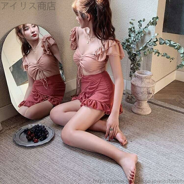 【送料無料】ウエストカット ワンピース 水着 フリル 袖あり 編み上げ フリル 大人可愛い ママコーデ ママファッション 韓国 オルチャンファッション 人気 トレンド 新作 20代 30代 40代 スイムウェア 体型カバー ハイウエスト タンキニ ショートパンツ