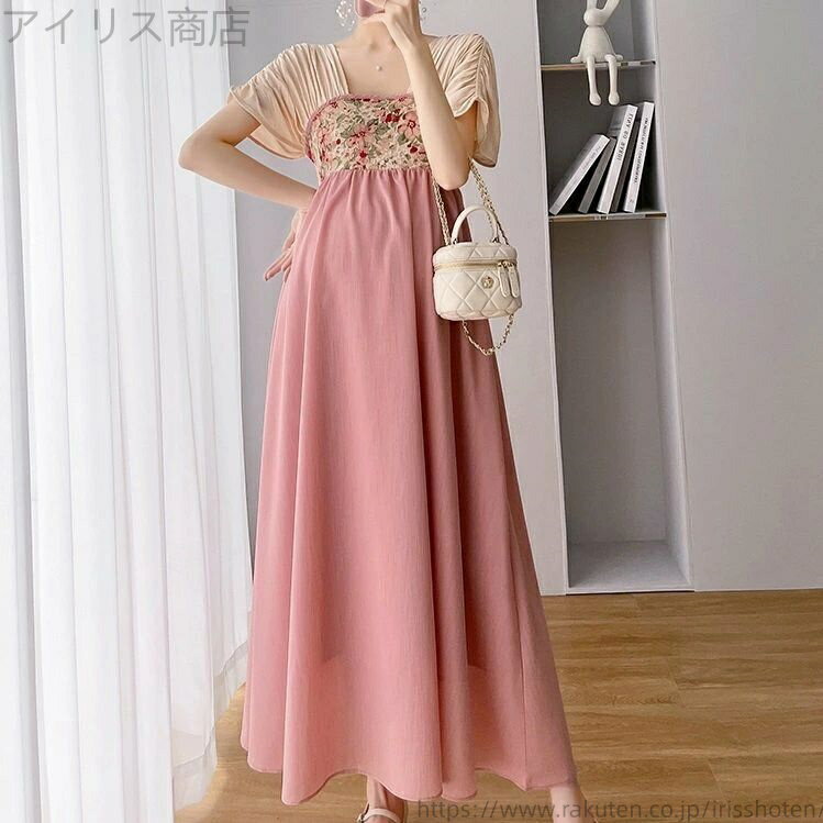 【送料無料】ワンピース ドレス プリーツ フラワー 花柄 ハイウエスト バックリボン ピンク お呼ばれ 結婚式 パーティー Aライン レディース 可愛い ママコーデ ママファッション ママ服 マタニティウェア 人気 ゆったり 大きいサイズ デイリー 普段着 お出かけ