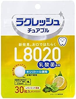 ジェクス L8020乳酸菌 ラクレッシュ チュアブル レモンミント風味 30粒入　1袋 チュアブル レモンミント　ジェクス 商品の説明L8020乳酸菌 ラクレッシュ チュアブル レモンミント風味 30粒入 商品説明 『L8020乳酸菌 ラクレッシュ チュアブル レモンミント風味 30粒入』 L8020乳酸菌とは虫歯・歯周病に罹患したことのない健康な子供の口腔内から分離された菌です。生まれたばかりの赤ちゃんの口には虫歯菌はいないため、大人から子供へむし歯をうつすリスクも少なくします。チュアブルタイプなので、噛み砕きやすく、外出先でのお食事後や、マウスウォッシュの刺激が苦手な方にもオススメ。キシリトール使用、砂糖不使用だ液の分泌を促します.1日1粒で簡単。また歯を磨いた後に食べることをオススメしております。【L8020乳酸菌 ラクレッシュ チュアブル レモンミント風味 30粒入 詳細】 1日分(1粒)あたりエネルギー 4.11kcal たんぱく質 0.04g脂質 0.06g 炭水化物 0.86g糖類 0.04g 食塩相当量 0.0013gショ糖 0.g原材料など商品名 L8020乳酸菌 ラクレッシュ チュアブル レモンミント風味 30粒入原材料もしくは全成分 還元麦芽糖、発酵乳粉末(L8020乳酸菌含有)、エリスリトール、赤しそ粉末、食塩、梅エキス粉末/クエン酸、結晶セルロース、ショ糖エステル、リン酸三カルシウム、香料、甘味料(キシリトール、アスパルテーム・L-フェニルアラニン化合物)、赤ビート色素、加工デンプン、(一部に乳成分を含む)内容量 30粒 2