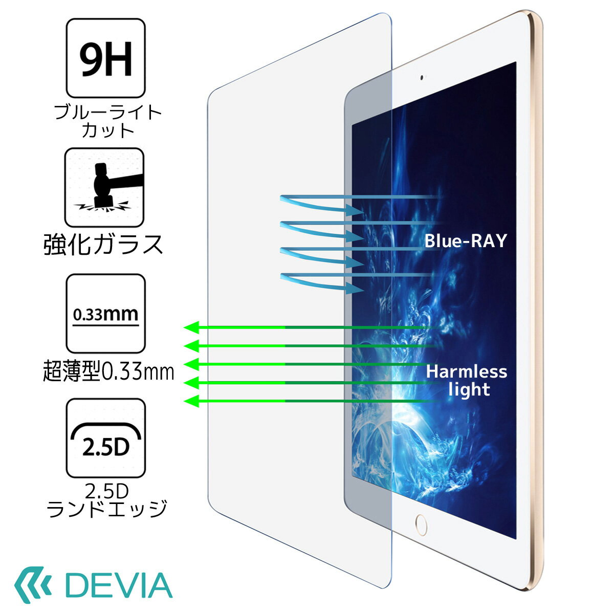 iPad 9.7用 A1822 A1823 A1893 A1954 iPad Pro9.7用 A1673 A1674 A1675 日本 旭ガラス製素材 ブルーライトカット 保護フィルム/Drevia Anti-Blueray