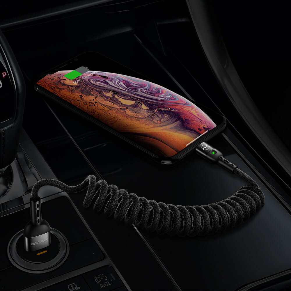 Mcdodo USB-A ライトニング 車載 充電 ケーブル 伸び縮み 伸縮 1.8mまで 2A 急速充電 LED アルミ 高耐久 ナイロン編み カール 絡みにくい スプリング iPhone iPad 対応/Omega Series Lightning Cable 1.8m