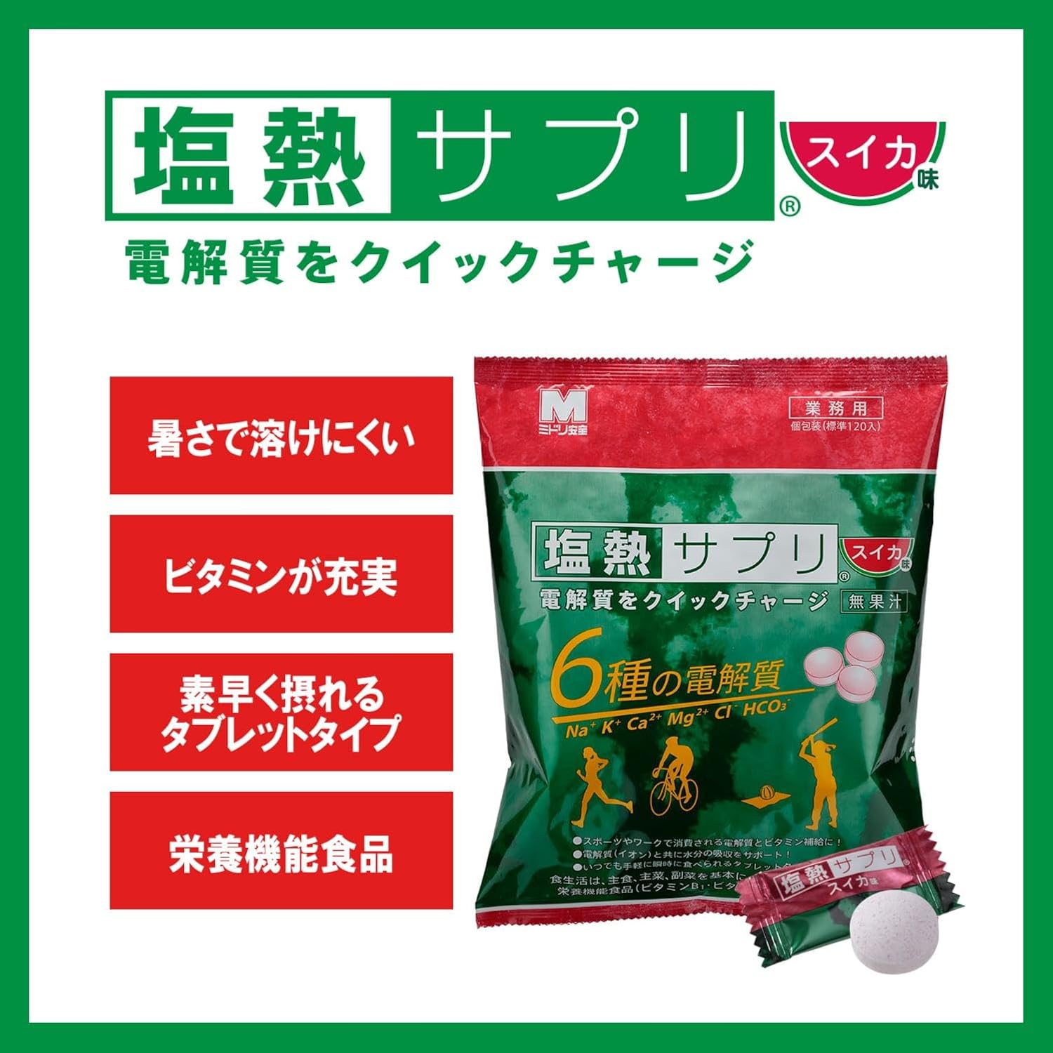 ミドリ安全 塩熱サプリ スイカ味 すいか 業務用 168g（約120粒入/個包装） 1袋 サプリ サプリメント タブレット 暑さ 熱中症 スポーツ 運動 栄養 電解質 水分 塩分 補給 irodoripharmacy-10000242 トータルケアメディック サンプル画像2