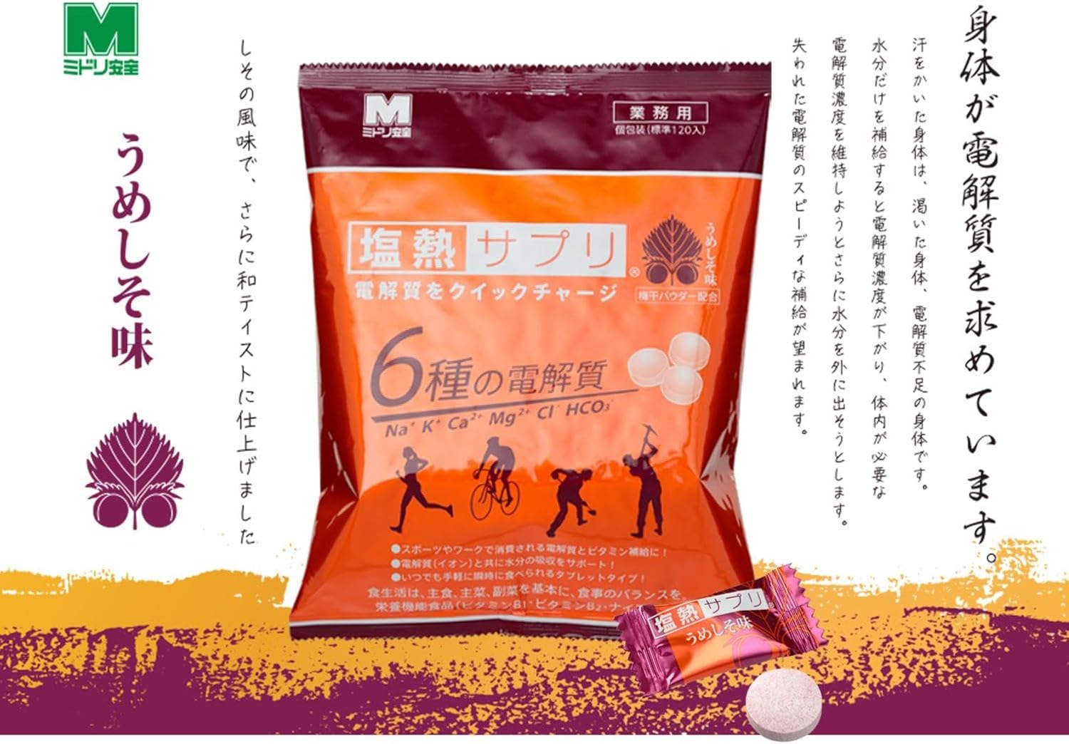 ミドリ安全 塩熱サプリ うめしそ味 業務用（120粒入168g）2袋セット ミドリ安全 サプリ サプリメント タブレット 熱中症 暑さ 対策 スポーツ 運動 栄養 電解質 水分 塩分 補給 irodoripharmacy-10000506 トータルケアメディック サンプル画像2