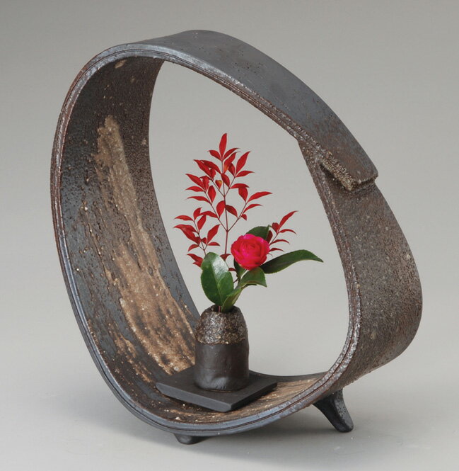 刷毛目楕円卓飾り（一輪差し付）信楽焼 陶器 花器 花瓶 彩り屋