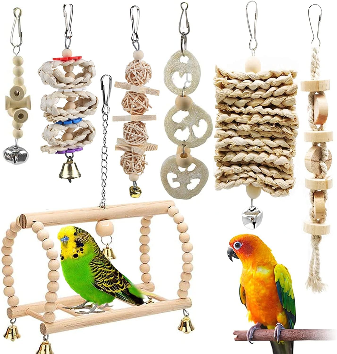 バードトイ 鳥おもちゃ オウムブランコ 鳥グッズ 鳥の遊び場 吊下げタイプ玩具 セキセイインコおもちゃ 噛む玩具 組み合わせ 棚 台 原木塗料不使用 (7点セッ...