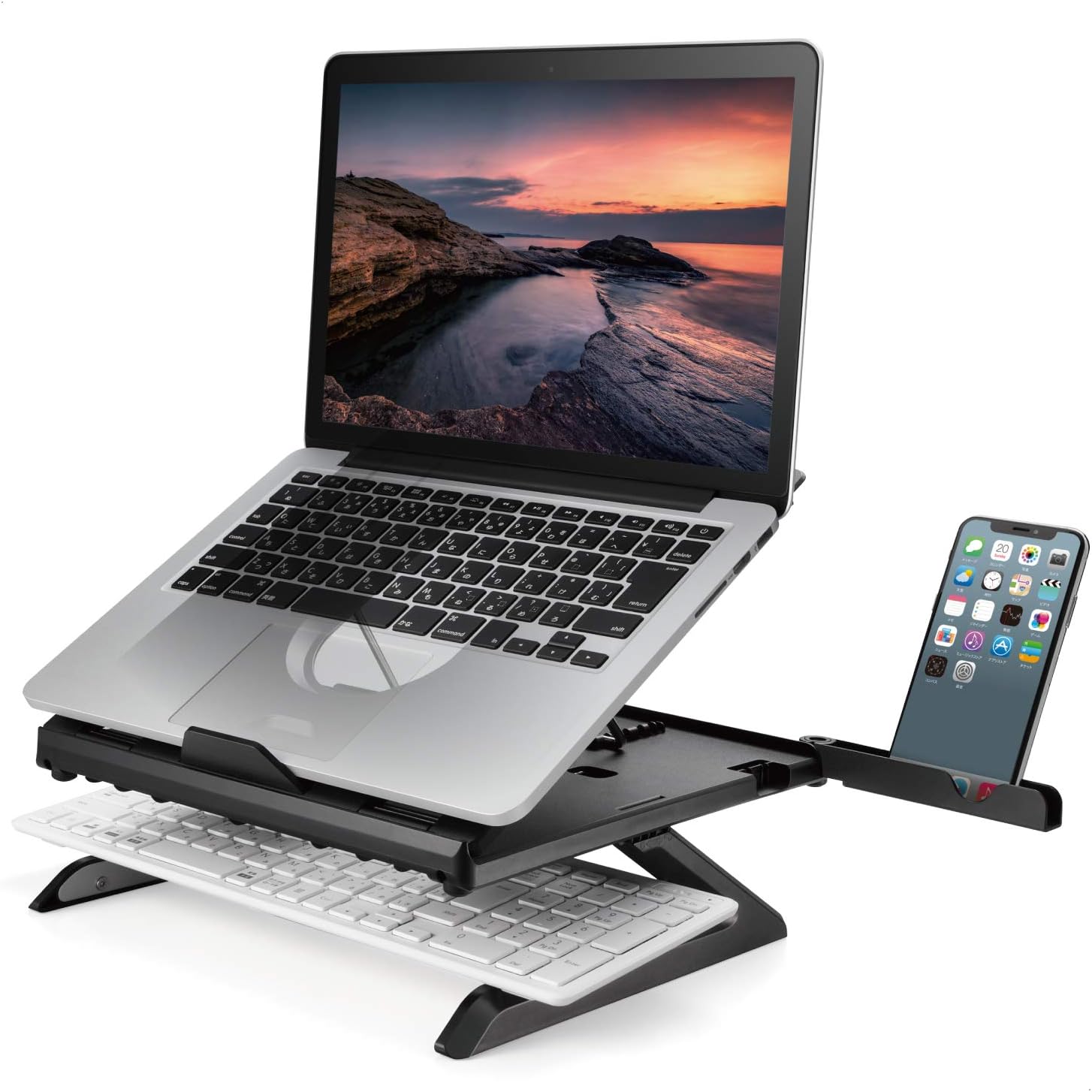 Rakuten - ノートPCスタンド 折りたたみ 8段階 9.5cm高さアップ脚 スマホスタンド付 ~15.6インチノートPC対応 折りたたみ時サイズ:幅280×奥行280×高さ26mm 耐荷重:10kg